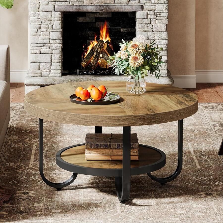 Tribesigns Ronde Salontafel met Opbergplank Bijzettafel Bruin Tafel Sidetable voor Woonkamer Thuiskantoor 80 x 80 x 45 cm