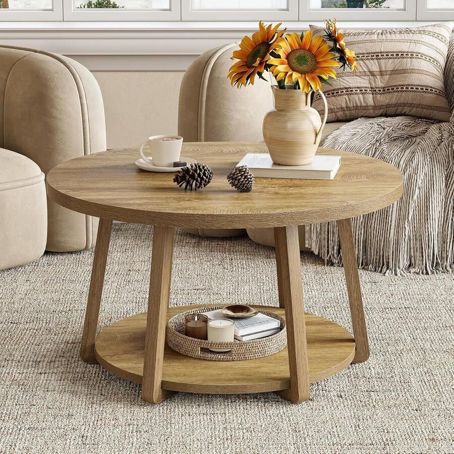 Tribesigns Ronde Salontafel met Opbergruimte Salontafel met 2 Lagen en Houten Poten Eikenhout Eenvoudig te Monteren voor Woonkamer Thuiskantoor 80 x 80 x 50 cm