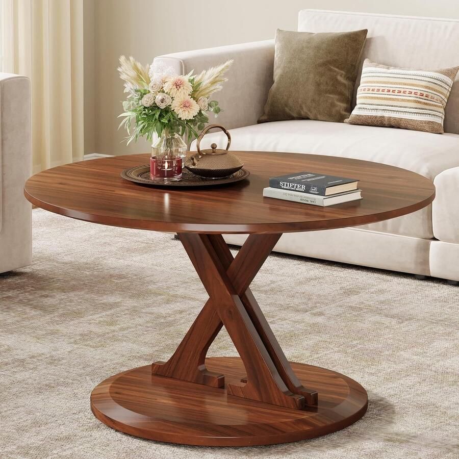Tribesigns Ronde Salontafel met X-Vormige Basis 80×80×51.5 CM Mid Century Moderne Salontafel Rustiek Bruin Voor Woonkamers Thuiskantoor