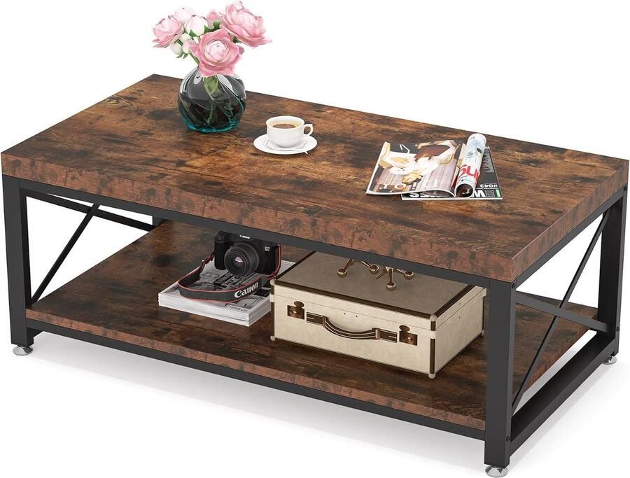 Tribesigns Salontafel Industrieel 110 x 55 x 50 cm Met X-vormig Stalen Frame- Vintage Bruin Zwart Salon tafel