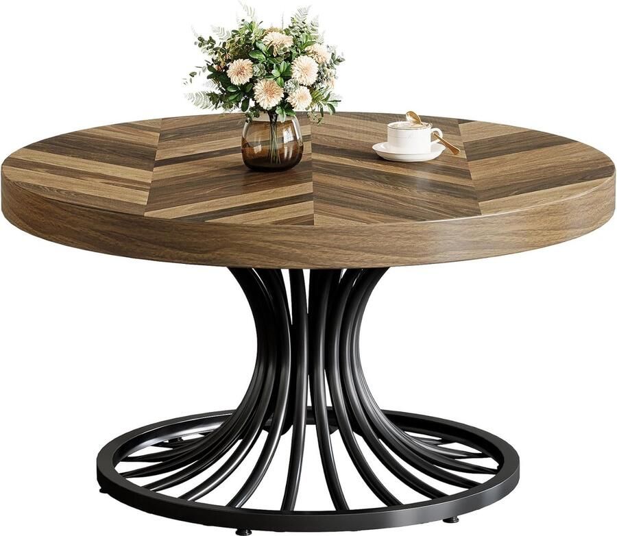 Tribesigns Salontafel Industrieel Mangohout Rond 79 cm met Stijlvolle Metalen Voetstuk Rustiek Bruin en Zwart Salontafel Bijzettafel 79 x 79 x 45 cm