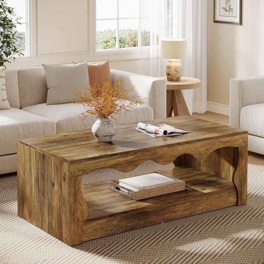 Tribesigns Salontafel met Open Schap 120×60×45 CM 2 Tier Boerderij Houten Salontafel Rustiek Bruin Voor Woonkamers Thuiskantoor