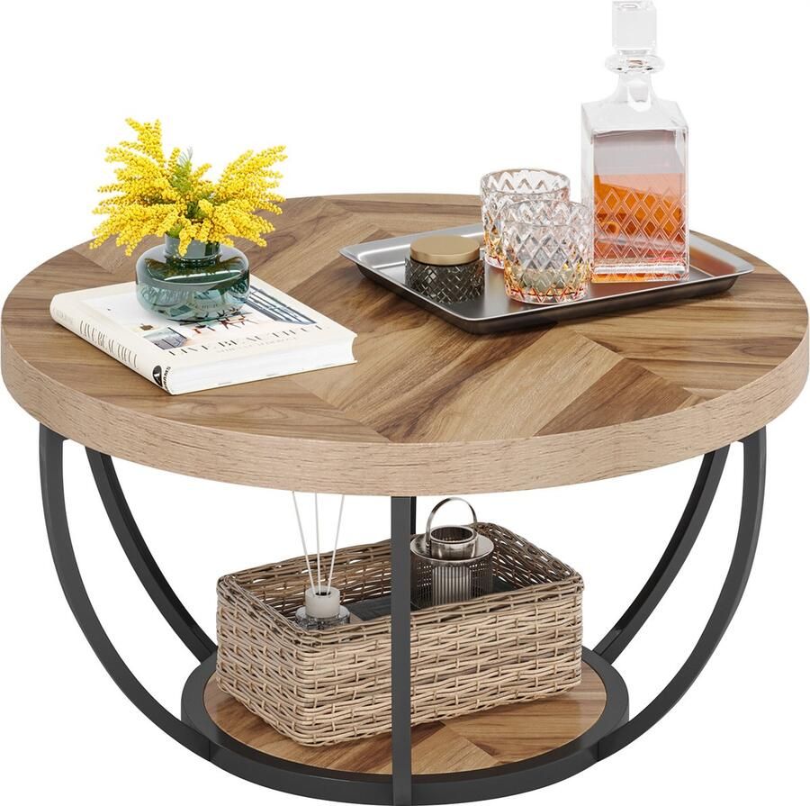 Tribesigns Rond 80CM Bijzettafel Salontafel Tafel Sidetable Houtnerf en zwart MDF-Plaat & Metaal