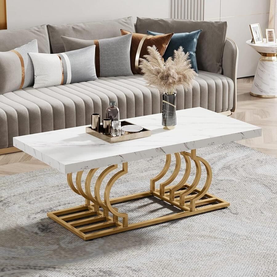 Tribesigns Salontafels Modern Salontafel met Geometrisch Frame Bijzettafel Goud Tafel Sidetable Nep-Marmer 120 x 50 x 50 cm