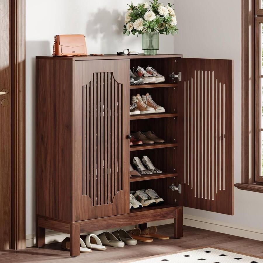 Tribesigns Schoenenkast – 5 Lagen Schoenenrek – 80x35x110cm Schoenenkast met Deuren en Verstelbare Planken – Houten Schoenenopberger voor Entree Woonkamer Bruin