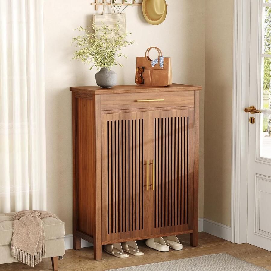 Tribesigns Schoenenkast – 5 Lagen Schoenenrek – 80x36x110cm Schoenenkast met Deuren en Verstelbare Planken – Hout Bruin