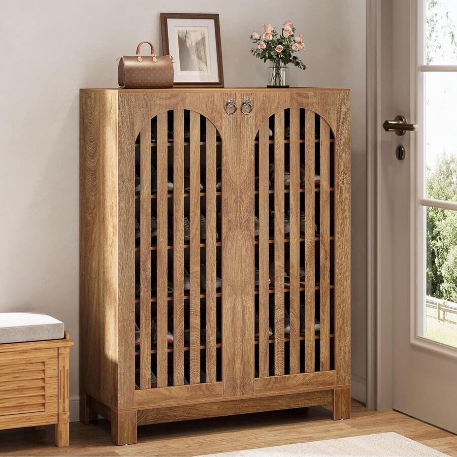 Tribesigns Schoenenkast – 6 Lagen Schoenenrek – 73x35x119cm Schoenenkast met Deuren en Verstelbare Planken – Houten Schoenenopberger voor Entree Woonkamer Eik