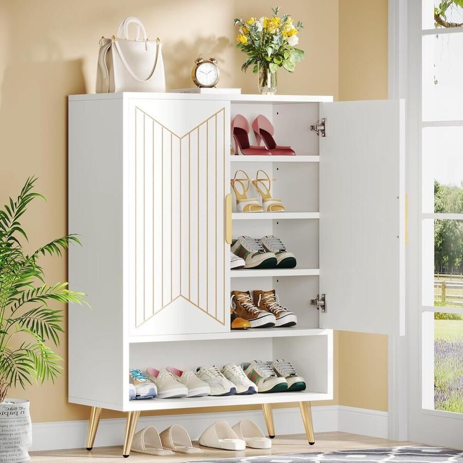 Tribesigns Schoenenkast met Deuren Schoenenrek met 6 niveaus Opbergkast voor 25 paar Schoenen 75 x 35 x 110 cm Wit