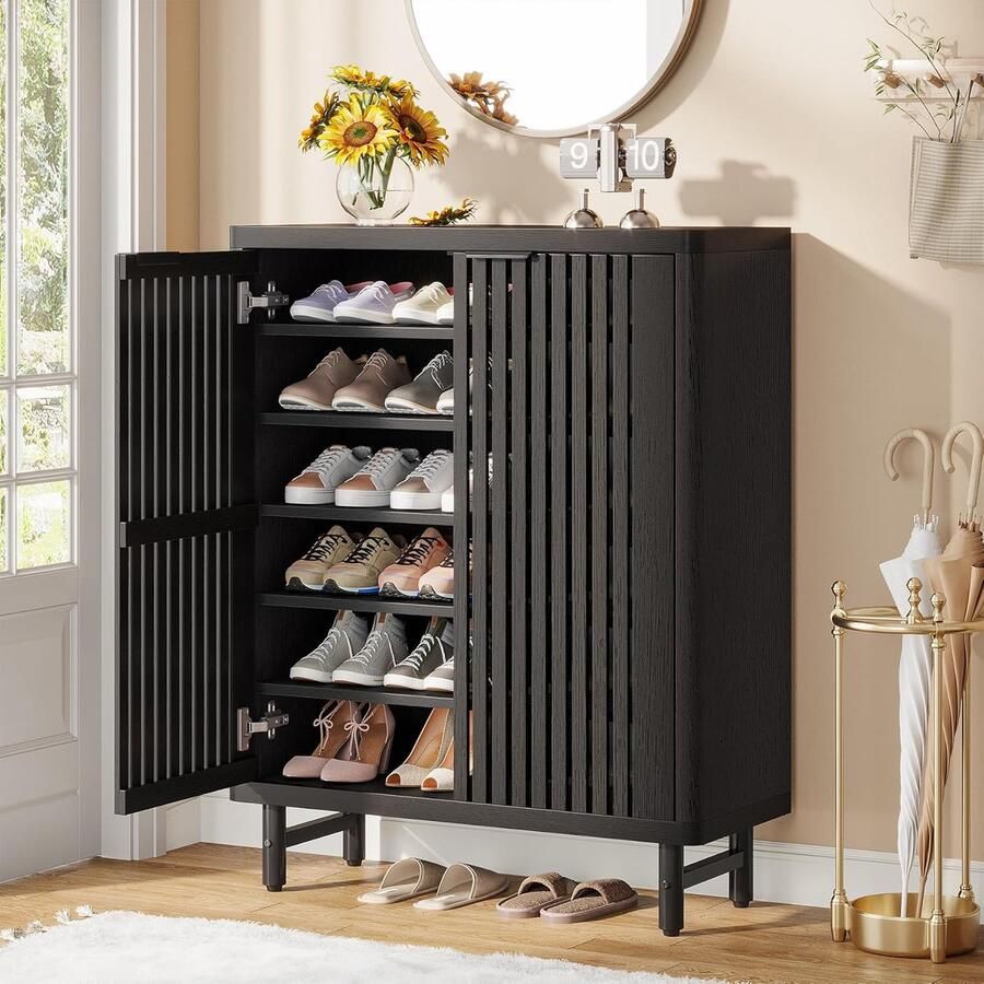 Tribesigns Schoenenkast met Roldeuren – 6 Laags Schoenenrek met Verstelbare Planken – Vrijstaande Smalle Schoenenkast – 85x 35x 110cm – Houten Schoenenopberger voor Entree Woonkamer Zwart