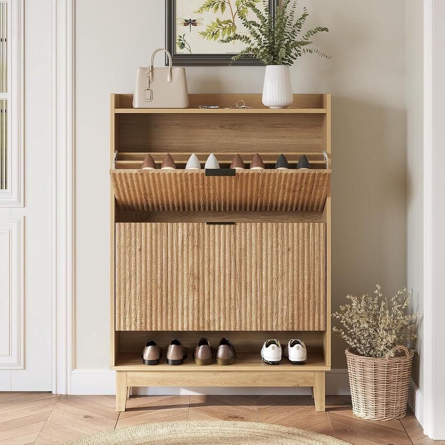 Tribesigns Schoenenkast – Schoenenrek met 2 Opklapbare Lades – 80x24x115cm Verborgen Schoenenopbergruimte met Open Plank – Hout Bruin