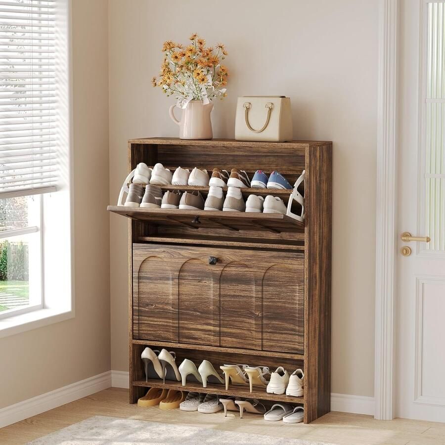 Tribesigns Schoenenkast – Schoenenrek met 2 Opvouwbare Lades en Open Plank – Vrijstaande Smalle Schoenenkast – 80x 24x 108cm – Houten Schoenenopberger voor Entree Woonkamer Bruin