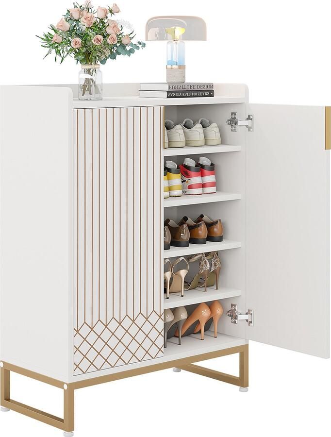 Tribesigns Schoenenrek 5-Laags Schoenenkast Schoenenbank Met Deuren 25 Paar 35 x 73 x 105 cm Wit