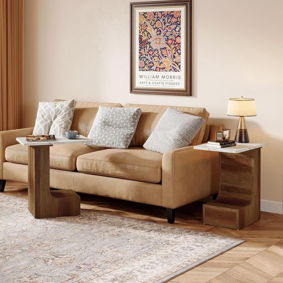 Tribesigns set van 2 Bijzettafel Salontafel Tafel met Marmeren Kleur Houten Planken 2 Tier Nachtkastje 50x50x58cm Industriële Stijl Salontafel voor Woonkamer Thuiskantoor White & Country Brown