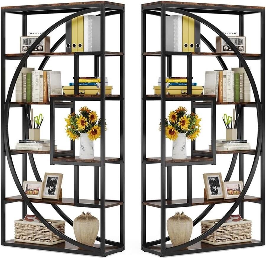 Tribesigns Set van 2 Boekenkast Boekenrek met 5 Planken Industrieel Vintage Geometrisch Ontwerp Bruin Zwart 80 x 30 x 180 cm