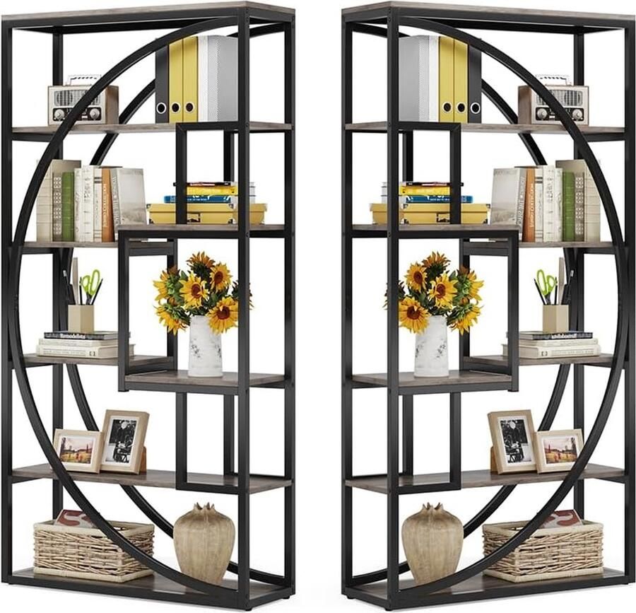 Tribesigns Set van 2 Boekenkast Boekenrek met 5 Planken Industrieel Vintage Geometrisch Ontwerp Grijs Zwart 80 x 30 x 180 cm