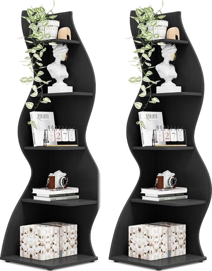Tribesigns Set van 2 Boekenkast Hoekplank met 5 planken 48 x 48 x 178 cm Modern Stroomlijn Het Ontwerp Zwart