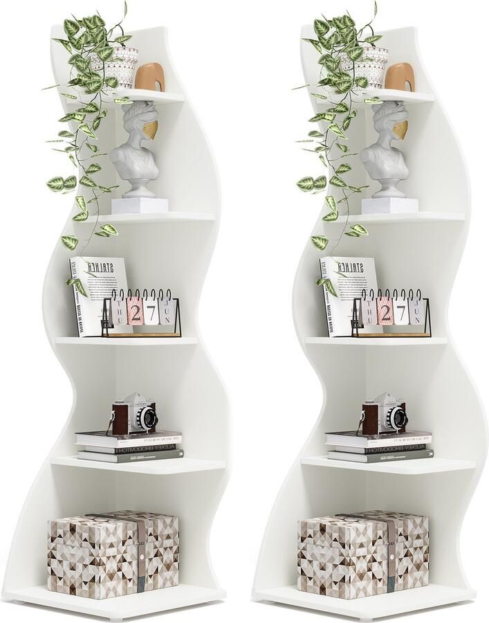 Tribesigns Set van 2 Boekenkast Hoekplank met 5 planken 48 x 48 x 178 cm Modern Stroomlijn Het Ontwerp Wit