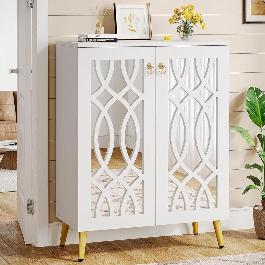 Tribesigns Spiegelde Schoenenkast – 5 Lagen Schoenenrek – 73x35x100cm Modern Schoen Opbergkabinet met Deuren – Houten Schoenenopberger voor Entree Woonkamer Wit