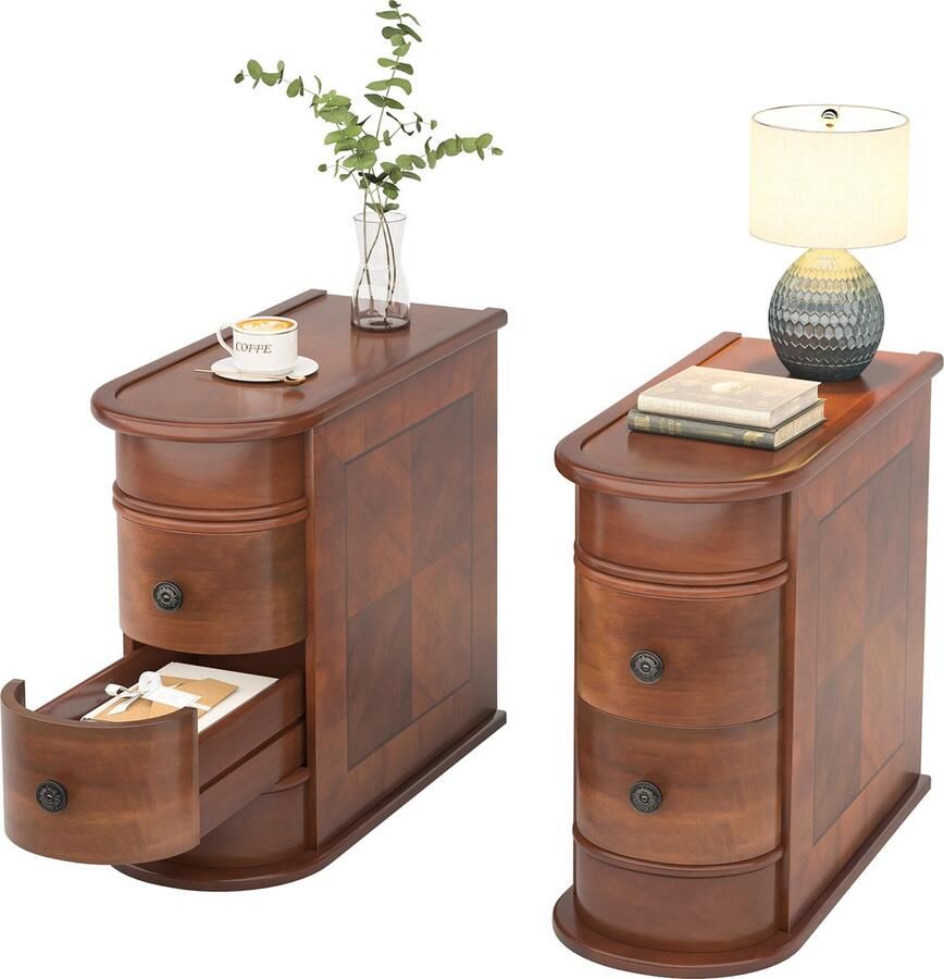 Tribesigns Tafel 2 Stuks Banktafel met 2 lades Bijzettafel Massief Hout Servicetafel Walnoot 60 x 27 x 60 cm