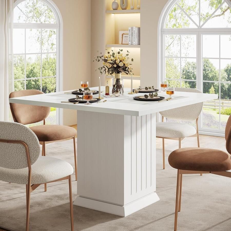 Tribesigns Vierkante Eettafel Keukentafel met Opbergvak 90 X 90 X 76 cm Eetkamertafel Voor 4 Personen met Metalen Onderstel Wit