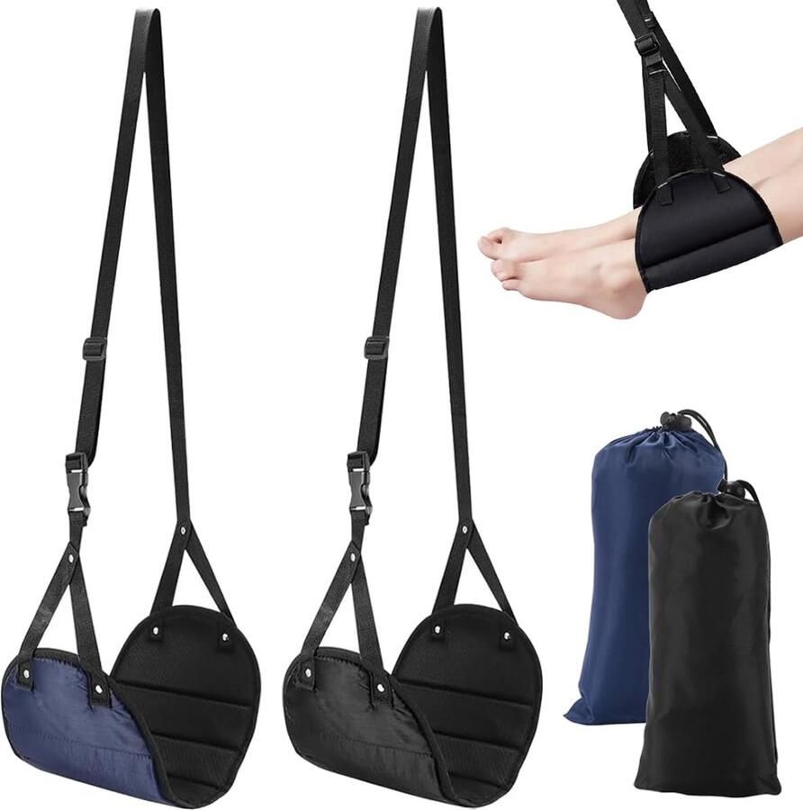 TRKETK 2-pack vliegtuigvoetsteun draagbare reisvoetsteun reisaccessoires voor vliegtuigen opvouwbare hangende voetenbank hangmat hangende voetenbank voor een lange vlucht (zwart + blauw)