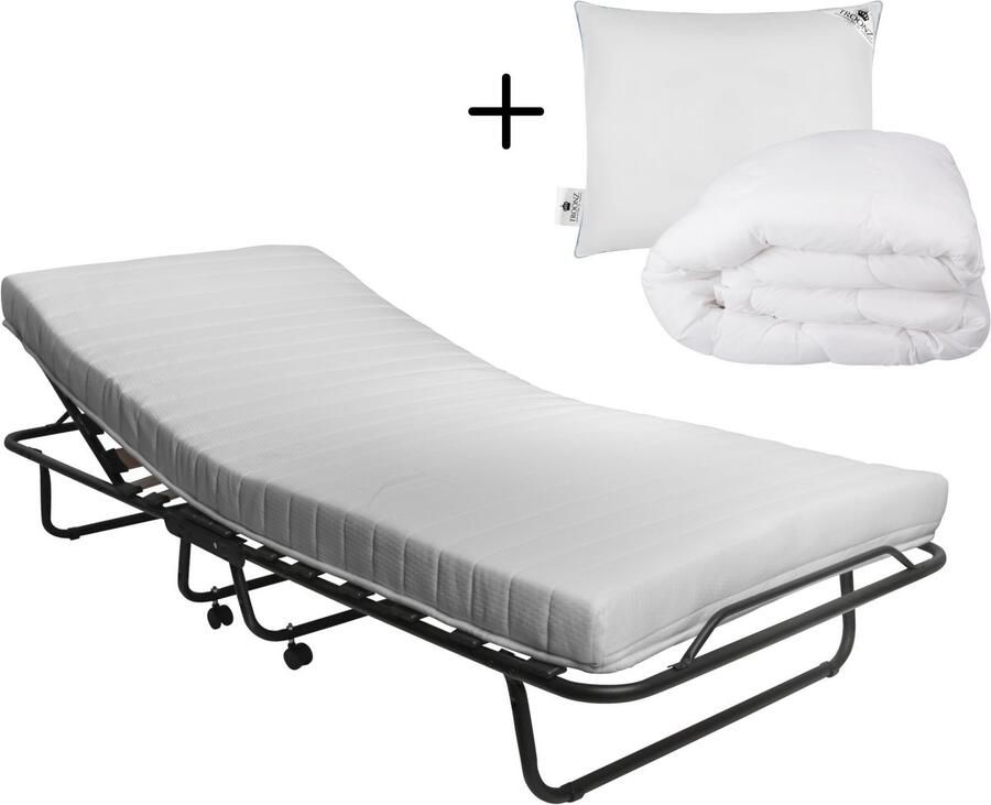 Troonz Opklapbed Napoli 90x200 cm – Handmatig Verstelbaar Vouwbed met Luxe Matras – Compact Logeerbed Inklapbaar – Verstelbaar Eenpersoonsbed Logeerbed inclusief Hoofdkussen en 4 seizoenen Dekbed