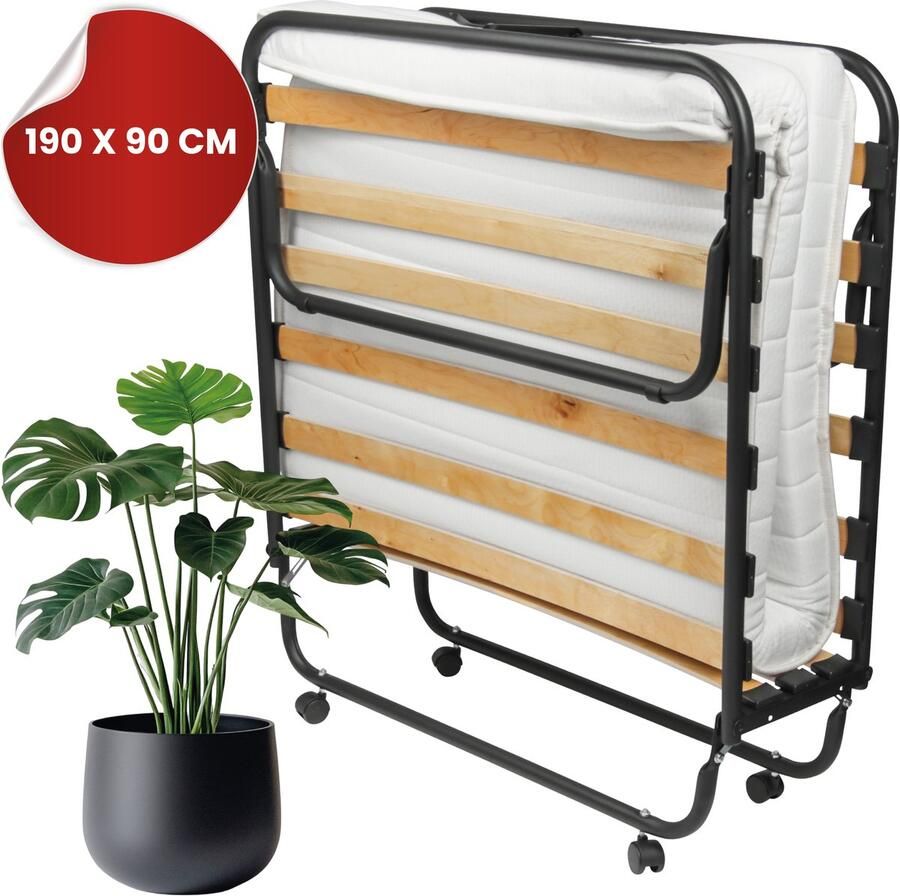 TROONZ Opklapbed Venetia Deluxe 90x190 Vouwbed incl. Luxe Matras van 10.5 cm Logeerbed Inklapbaar Lattenbodem Incl. Wielen Eenpersoonsbed