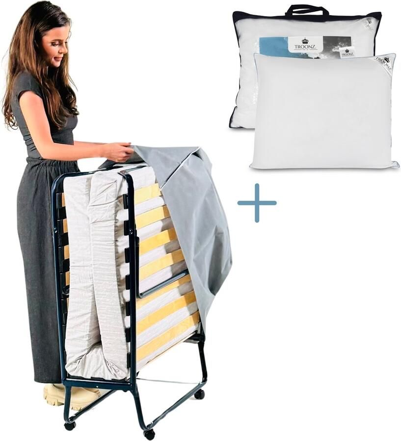 Troonz Vouwbed Deluxe 90x200 cm – Eenpersoons Opklapbed Inklapbaar Logeerbed Inclusief Hoofdkussen – Opvouwbaar Logeermatras – Inclusief Matras – 30 Dagen Proefslapen Lattenbodem Incl. Wielen