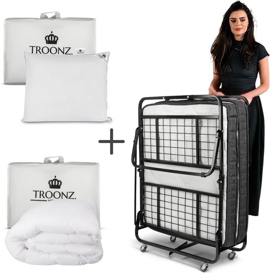 TROONZ Opklapbed Milano Deluxe 90x200 cm – Luxe Eenpersoons Vouwbed Inklapbaar Logeerbed – Opvouwbaar Logeermatras met Luxe Matras – Ruimtebesparend Bed – 30 Dagen Proefslapen Logeerbed inclusief Hoofdkussen en 4 seizoenen Dekbed