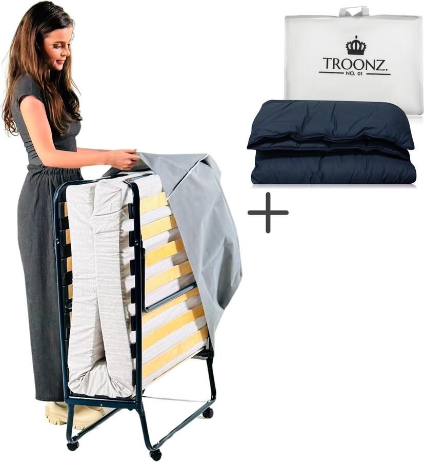 Troonz Vouwbed Deluxe 90x200 cm – Opklapbed Inklapbaar Logeerbed Inclusief Dekbed zonder Overtrek Dreamscape Eenpersoons – Opvouwbaar Logeermatras – Inclusief Matras – 30 Dagen Proefslapen Lattenbodem Incl. Wielen