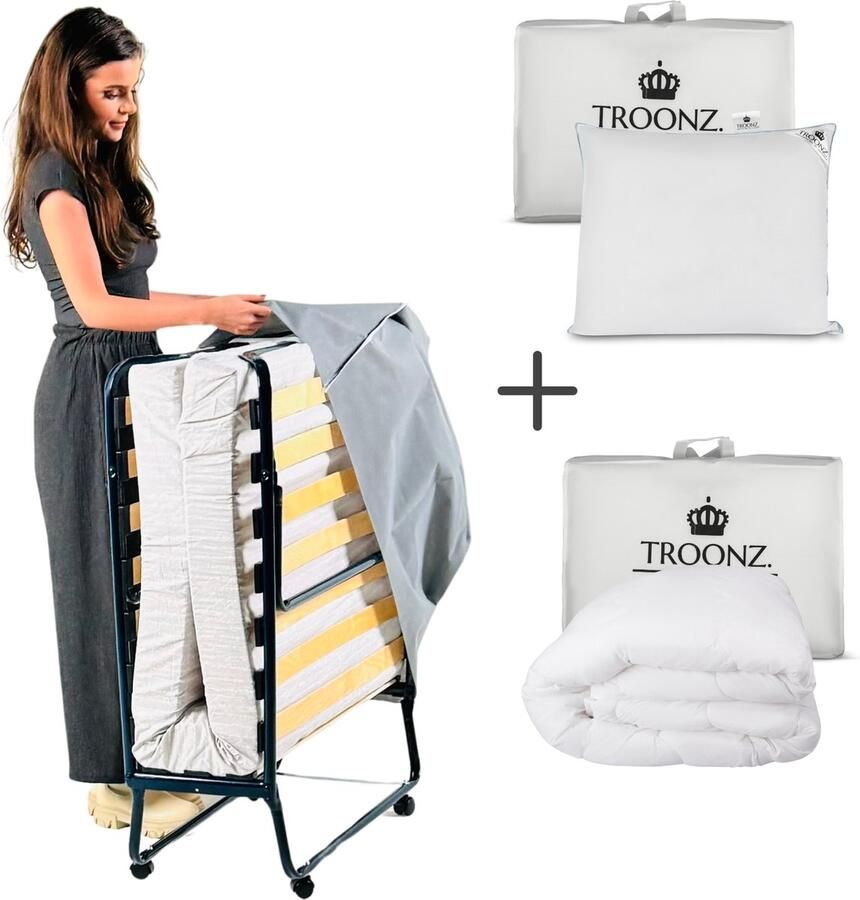 TROONZ Opklapbed Deluxe 90 x 200 cm Logeerbed Inclusief Luxe 4 seizoenen dekbed en Hoofdkussen Vouwbed Eenpersoonsbed Logeermatras Opvouwbaar 30 dagen proefslapen