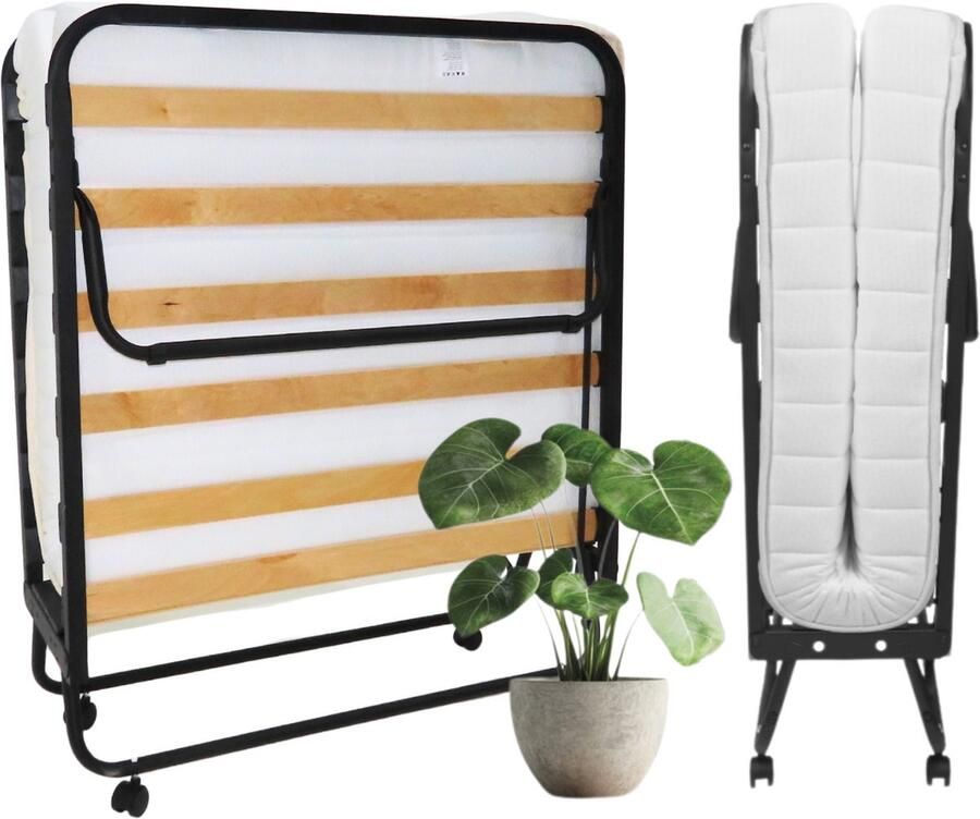TROONZ Opklapbed Verona 90x210 cm – Vouwbed Logeerbed met Luxe Ergonomisch Matras van 12cm Lattenbodem Incl. Wielen Eenpersoonsbed