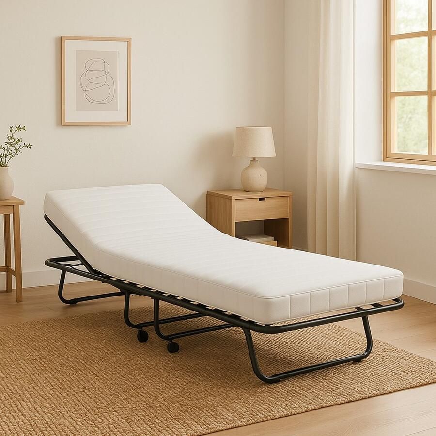 TROONZ Opklapbed Napoli 90x200 cm – Handmatig Verstelbaar Vouwbed met Luxe Matras – Compact Logeerbed Inklapbaar – Verstelbaar Eenpersoonsbed