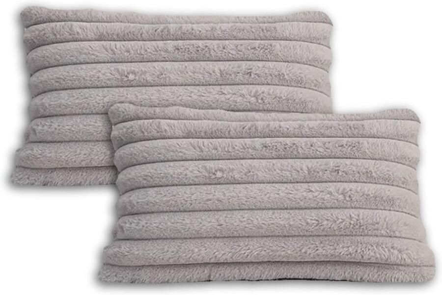 Trovano Set van 2 Sierkussens 30x50 cm Lichtgrijs Dubbelzijdig Luxe Ribstof Inclusief binnenkussens Fluffy Zacht Pluche Teddy Sierkussenset Kussenset Bank binnen Woonkamer Decoratie kussens