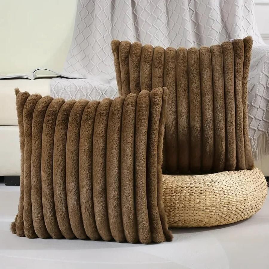 Trovano Set van 2 Sierkussens 45x45 cm Bruin Dubbelzijdig Luxe Ribstof Inclusief binnenkussens Fluffy Zacht Pluche Teddy Sierkussenset Kussenset Bank binnen Woonkamer Decoratie kussens - Foto 2