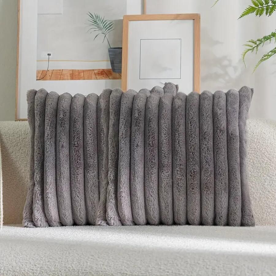 Trovano Set van 2 Sierkussens 45x45 cm Donkergrijs Dubbelzijdig Luxe Ribstof Inclusief binnenkussens Fluffy Zacht Pluche Teddy Sierkussenset Kussenset Bank binnen Woonkamer Decoratie kussens - Foto 2