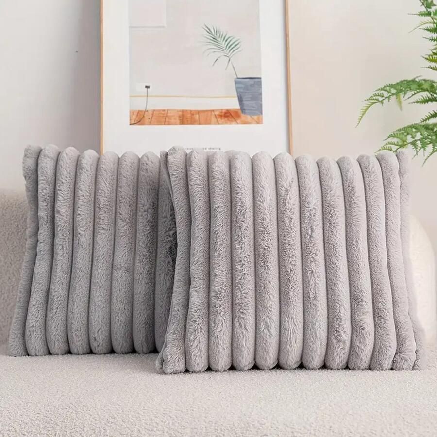 Trovano Set van 2 Sierkussens 45x45 cm Lichtgrijs Dubbelzijdig Luxe Ribstof Inclusief binnenkussens Fluffy Zacht Pluche Teddy Sierkussenset Kussenset Bank binnen Woonkamer Decoratie kussens - Foto 2