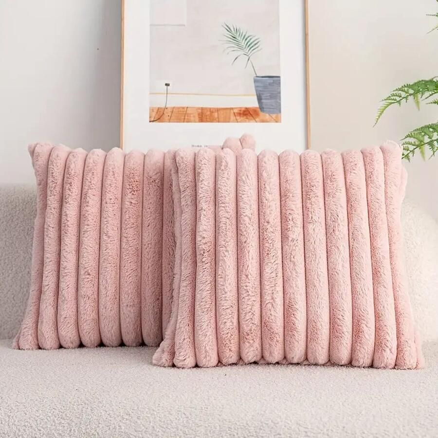 Trovano Set van 2 Sierkussens 45x45 cm Roze Dubbelzijdig Luxe Ribstof Inclusief binnenkussens Fluffy Zacht Pluche Teddy Sierkussenset Kussenset Bank binnen Woonkamer Decoratie kussens - Foto 2