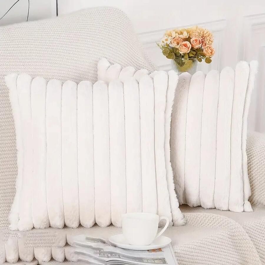 Trovano Set van 2 Sierkussens 45x45 cm Wit Dubbelzijdig Luxe Ribstof Inclusief binnenkussens Fluffy Zacht Pluche Teddy Sierkussenset Kussenset Bank binnen Woonkamer Decoratie kussens - Foto 2