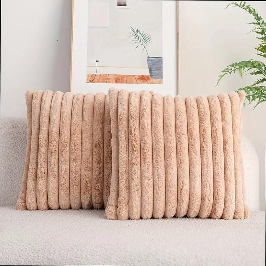 Trovano Set van 2 Sierkussens 45x45 cm Zacht Oranje Dubbelzijdig Luxe Ribstof| Inclusief binnenkussens Fluffy Zacht Pluche Teddy Sierkussenset Kussenset Bank binnen Woonkamer Decoratie kussens - Foto 2