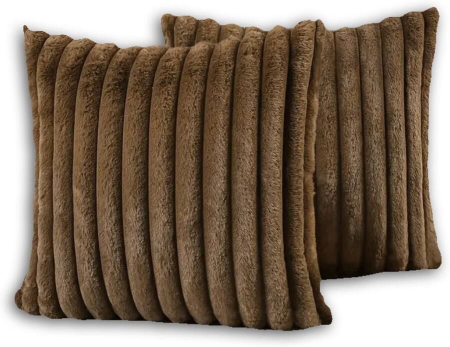 Trovano Set van 2 Sierkussens 50x50 cm Bruin Dubbelzijdig Luxe Ribstof Inclusief binnenkussens Fluffy Zacht Pluche Teddy Sierkussenset Kussenset Bank binnen Woonkamer Decoratie kussens