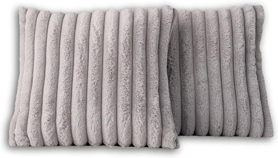 Trovano Set van 2 Sierkussens 50x50 cm Lichtgrijs Dubbelzijdig Luxe Ribstof Inclusief binnenkussens Fluffy Zacht Pluche Teddy Sierkussenset Kussenset Bank binnen Woonkamer Decoratie kussens
