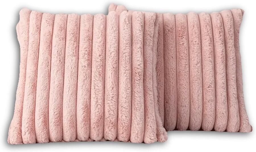 Trovano Set van 2 Sierkussens 50x50 cm Roze Dubbelzijdig Luxe Ribstof Inclusief binnenkussens Fluffy Zacht Pluche Teddy Sierkussenset Kussenset Bank binnen Woonkamer Decoratie kussens