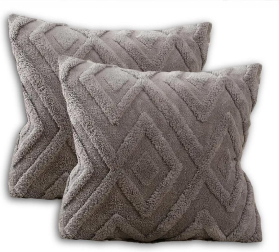 Sierkussen set van 2 45x45 cm Grijs Inclusief binnenkussens Fluffy Zacht Pluche Teddy Sier Kussen Vierkant Sierkussens set Lichtgrijs Donkergrijs Kussenset Bank binnen Woonkamer Boho Bohemian Decoratie kussens