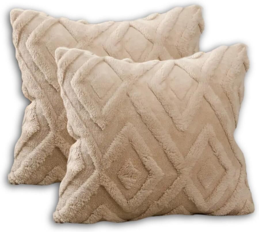 Sierkussen set van 2 50x50 cm Beige Inclusief binnenkussens Fluffy Zacht Pluche Teddy Sier Kussen Vierkant Sierkussens set Taupe Sierkussenset Kussenset Bank binnen Woonkamer Boho Bohemian Decoratie kussens