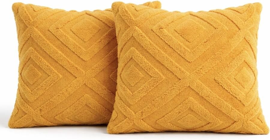 Trovano Sierkussens set van 2 50x50 cm Okergeel Inclusief binnenkussens Fluffy Zacht & Teddy| Vierkante Decoratiekussens voor Bank & Woonkamer - Foto 2