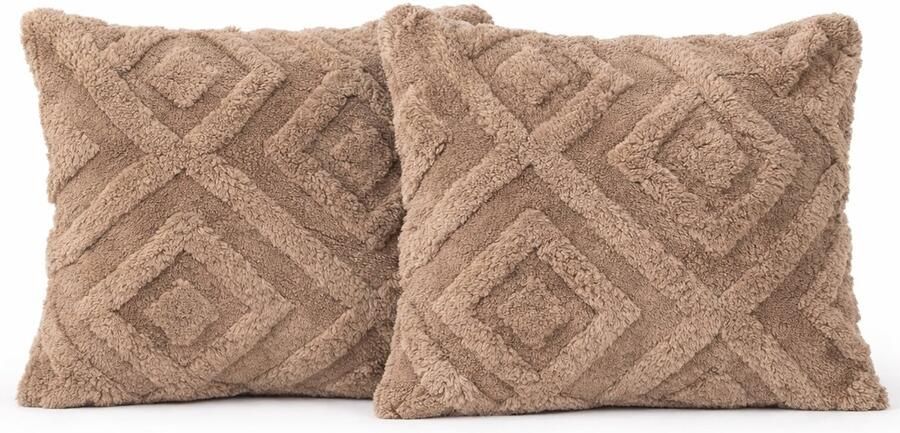 Trovano Sierkussens set van 2 45x45 cm Bruin Inclusief binnenkussens Fluffy Zacht & Teddy| Vierkante Decoratiekussens voor Bank & Woonkamer - Foto 2