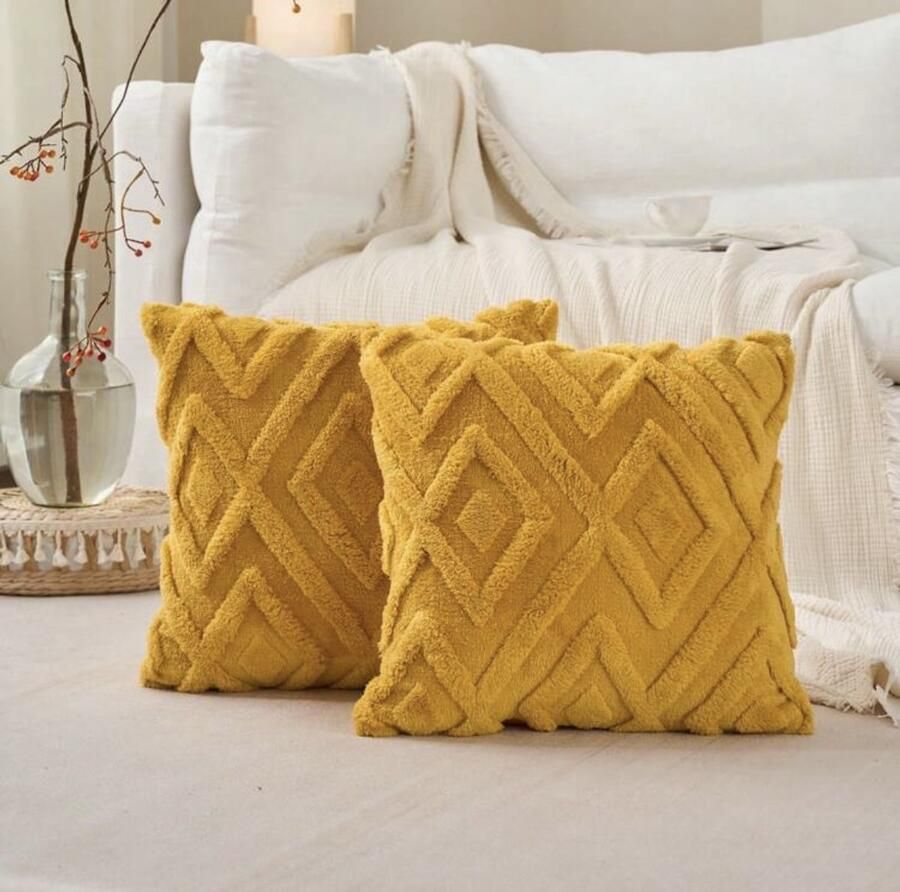 Trovano Sierkussens set van 2 50x50 cm Okergeel Inclusief binnenkussens Fluffy Zacht & Teddy| Vierkante Decoratiekussens voor Bank & Woonkamer