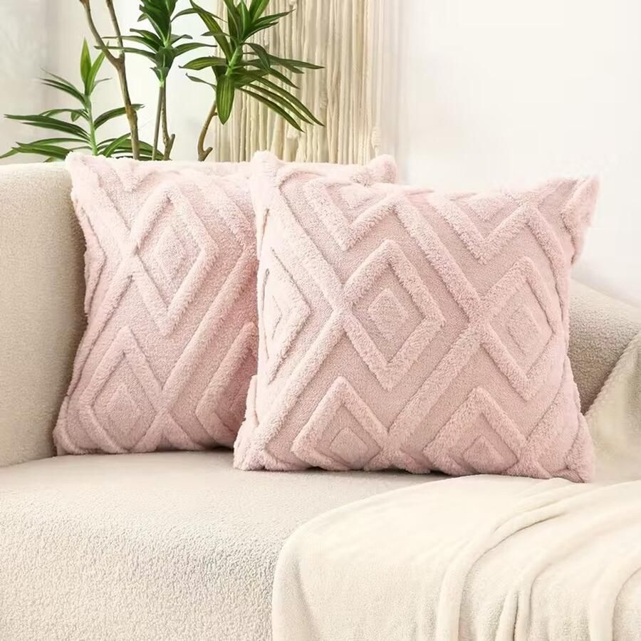 Trovano Sierkussens set van 2 50x50 cm Roze Inclusief binnenkussens Fluffy Zacht & Teddy| Vierkante Decoratiekussens voor Bank & Woonkamer