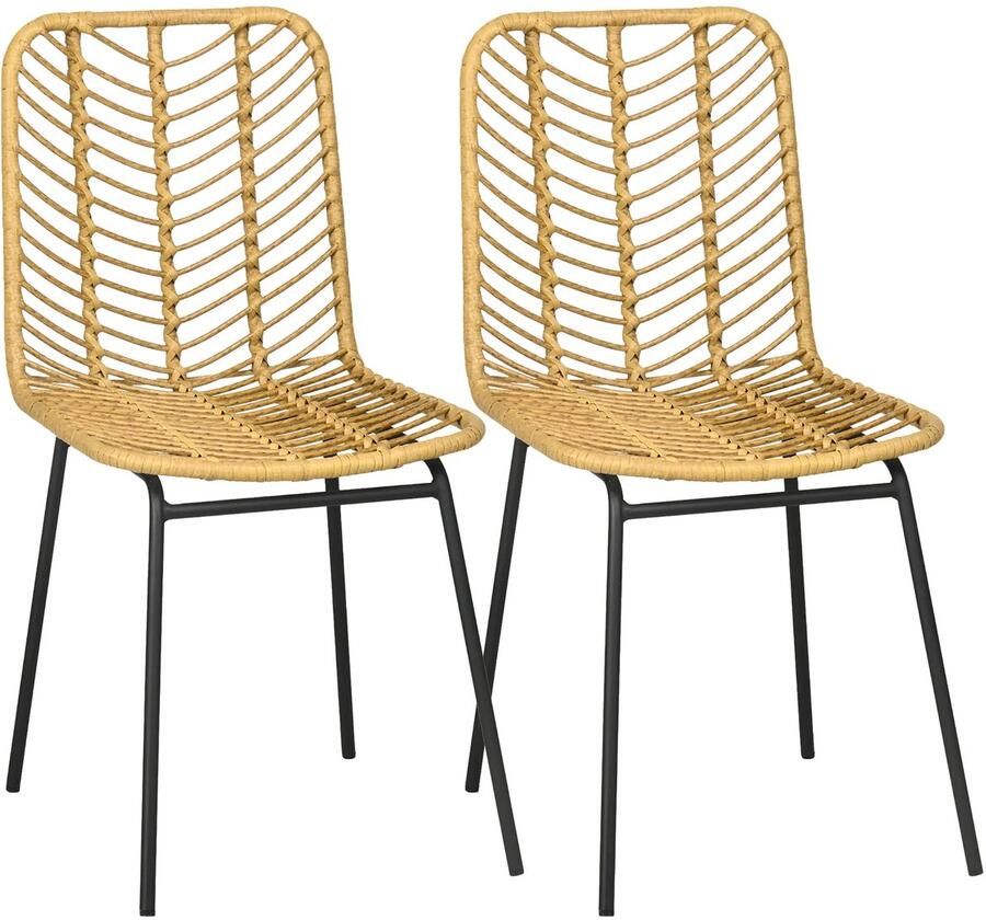 TRUUSK 2-delige Eetkamerstoel Set Rattan-look Staal Geel 44x58x85cm Voor Eetkamer & Woonkamer